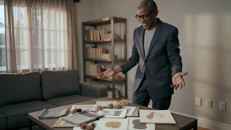 Leaning forward senior man wearing blazer glasses arranging prints and swatch at home presenting