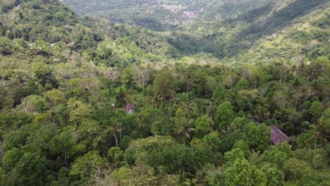 Balinese-villages-valley-and-farmer-houses-amid-lush-tropical-hills-and-green-mountains,-Bali