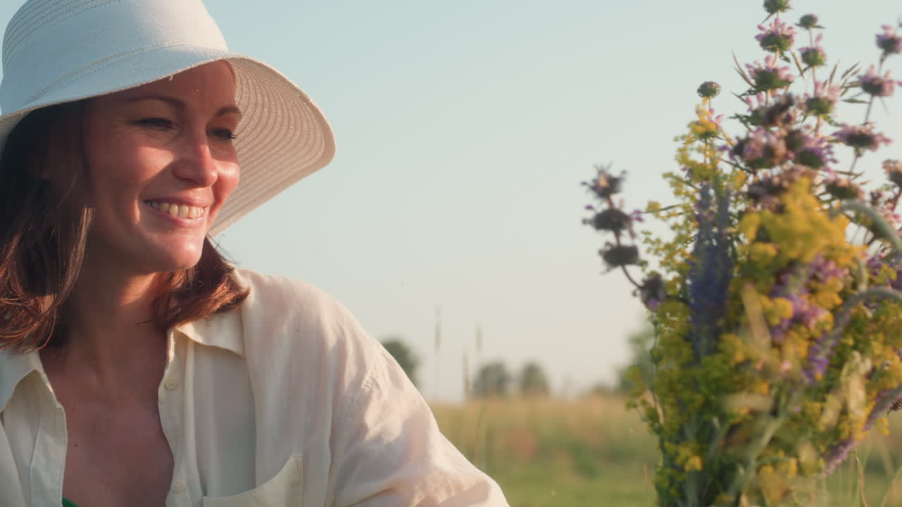 close up of woman wearing sunhat holding bouquet of colorful wildflowers in both hands while looking closely at individual stems in warm summer field under clear sky