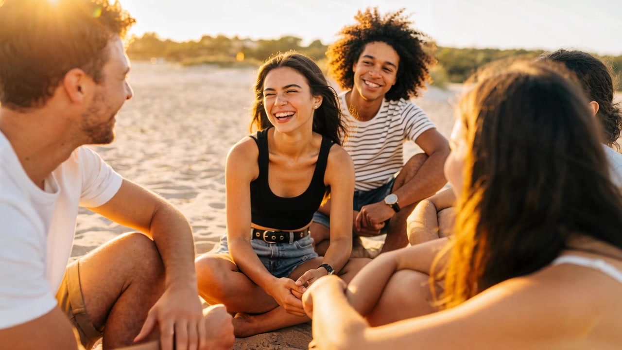 L'oratore a sinistra, chinato in avanti, condivide un ricordo facendo ridere gli amici su una spiaggia sabbiosa, con abbigliamento da spiaggia visibile.
