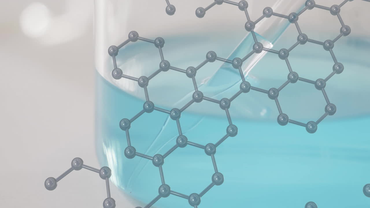 회색 바탕에 실험실 접시 위의 화학 구조의 애니메이션