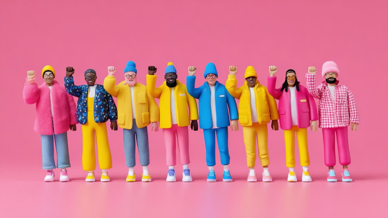 A group of stylish figurines stands proudly with their fists raised in solidarity against a vibrant pink backdrop, showcasing vibrant colors and diverse fashion statements focused on positivity