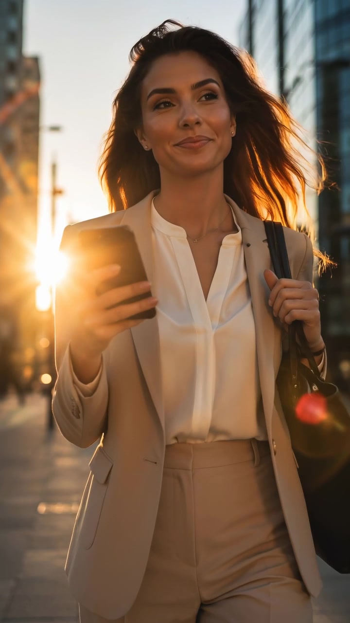 Jovem mulher profissional e confiante caminha pelo movimentado centro da cidade sob a luz quente do pôr do sol, verificando o smartphone na mão direita enquanto carrega uma bolsa de ombro, com a brisa movendo o cabelo e reflexos brilhando.
