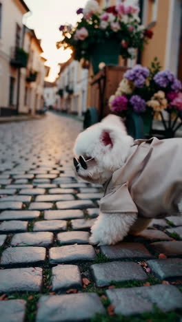 stylish dog in sunglasses on a cobblestone street