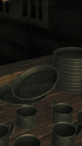 old metal dishes and cups on a rustic table