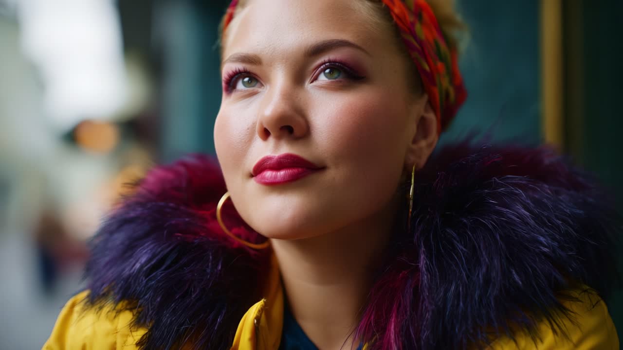 Ritratto di una giovane donna con accessori alla moda e trucco vivace, che emana sicurezza e fascino con una giacca invernale colorata con colletto di pelliccia