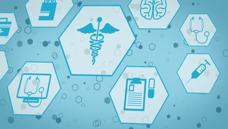 animation of shapes and medical icons on blue background