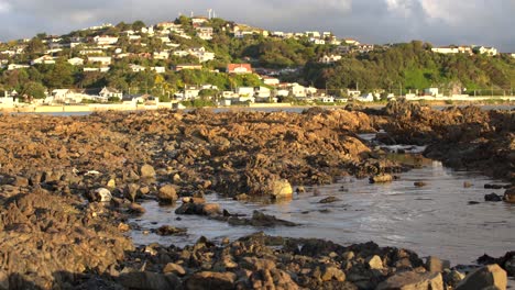 Plimmerton-Neuseeland---Ruhiger-Abend-Am-Meer-Mit-Häusern-Auf-Dem-Hügel