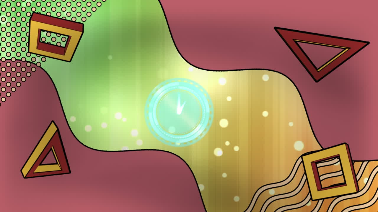 오렌지색과 초록색의 밝은 반점과 함께 회전하는 모양과 파동하는 선 위의 시계의 애니메이션