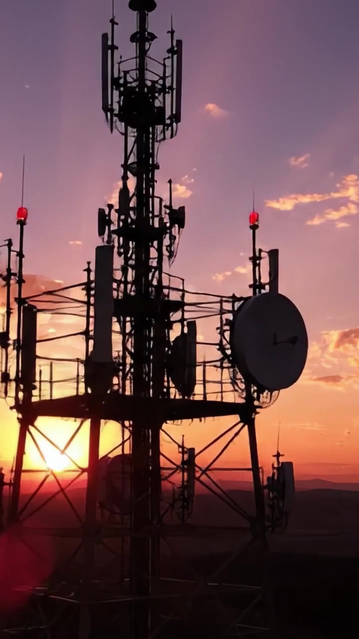 Un tramonto mozzafiato dietro una torre di telecomunicazioni catturato in due scatti che evidenziano le strutture contro il cielo vibrante e la luce solare dorata.