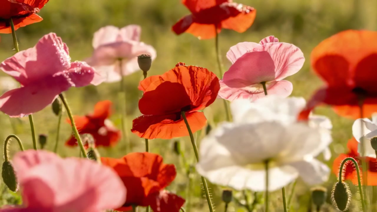 Grupo de amapolas meciéndose, tallos inclinándose y pétalos moviéndose bajo una suave brisa, con cápsulas de semillas en un campo soleado.