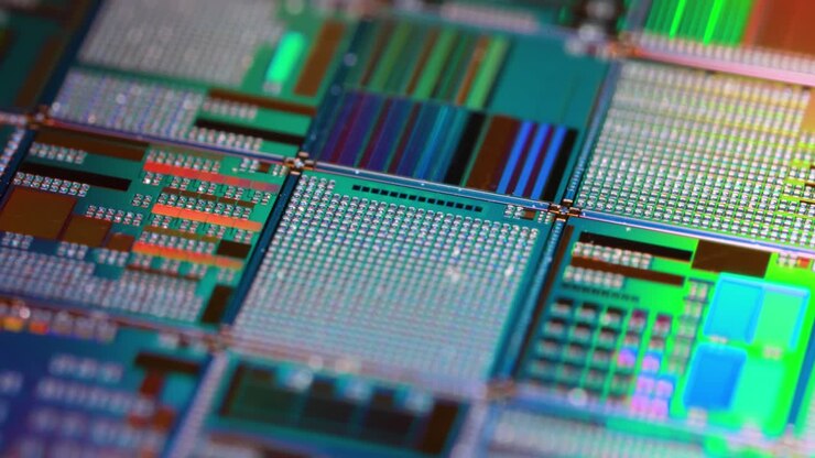 Primo piano di un wafer a semiconduttore in silicio. In elettronica, un wafer, chiamato anche slice o substrato, è una sottile fetta di semiconduttore, un silicio cristallino, utilizzato per la fabbricazione di circuiti integrati