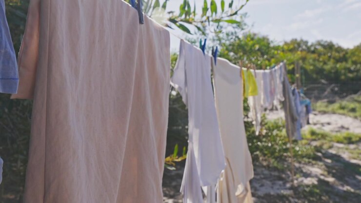 This camera slowly pans across freshly washed clothes hanging on a clothesline in a sunny outdoor setting with lush green foliage.