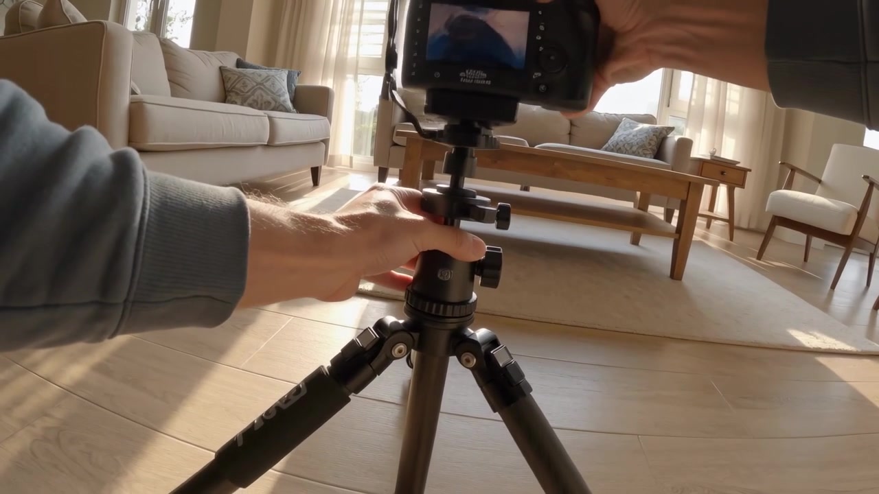 Manos con manga larga gris extendiéndose para desplegar un trípode montando una cámara DSLR con correa en la sala de estar para una sesión.