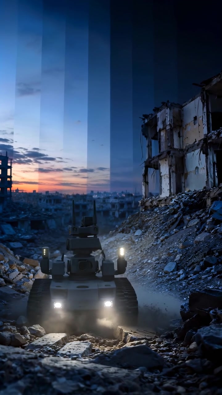 Un robot terrestre compatto senza equipaggio avanza su detriti irregolari attraverso un corridoio di città in rovina, avvicinandosi tra strutture crollate sotto il crepuscolo blu, mentre lampade luminose illuminano la polvere che si solleva.