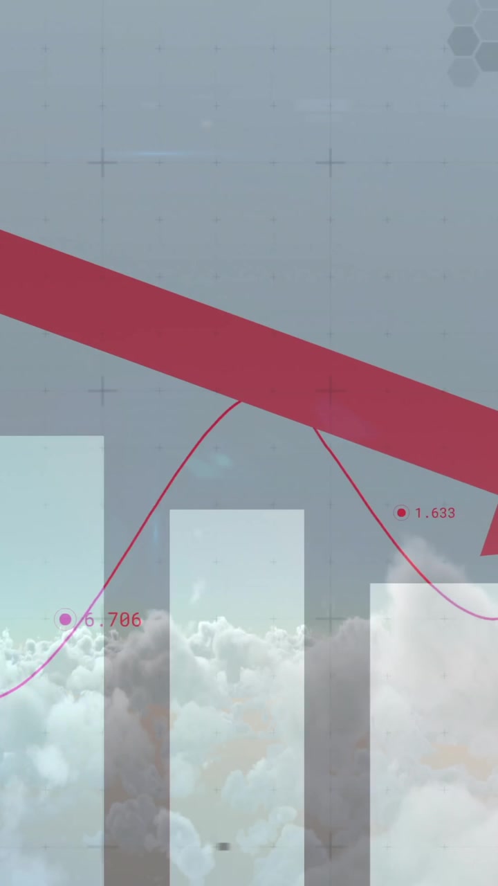 Animazione di freccia rossa verso il basso e grafico a barre su sfondo di cielo nuvoloso.
