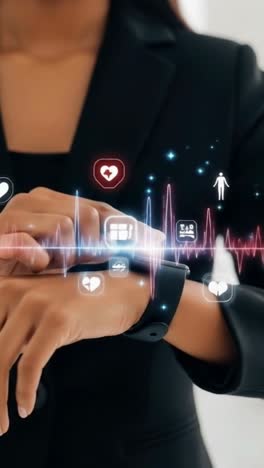 close-up of a smartwatch displaying a futuristic health and fitness tracker interface