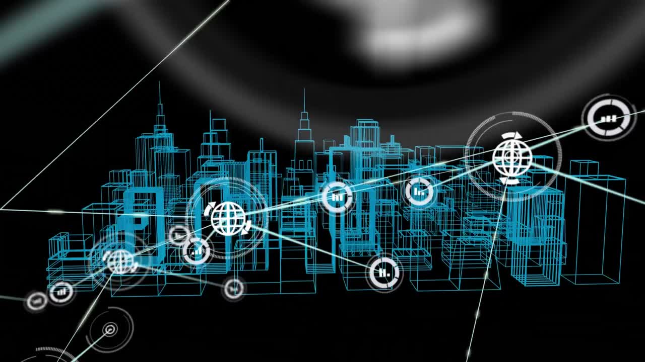 Animation of network of connections with icons over 3d city drawing