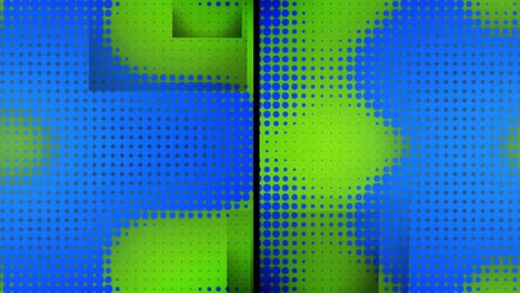 Animation-of-split-screen-with-grey-squares-and-blue-pixels-changing-size-on-green-background