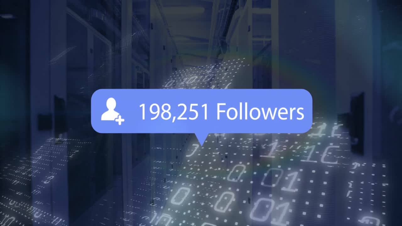 Animazione di icona del profilo con follower in aumento e codifica binaria in una sala server.