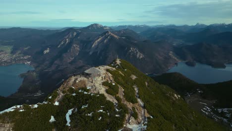 cinematic drone aerial at herzogstand mountain top peak