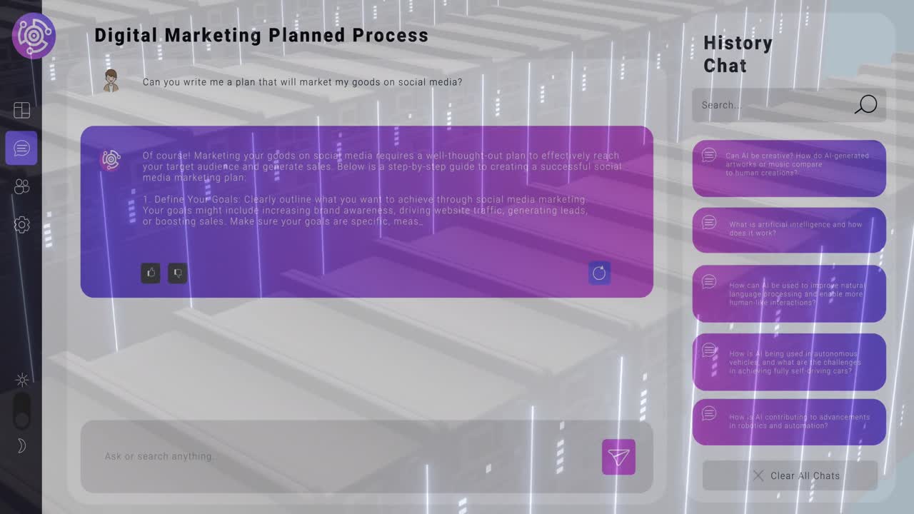 animación de la sala de servidores y el chat ai en fondo blanco