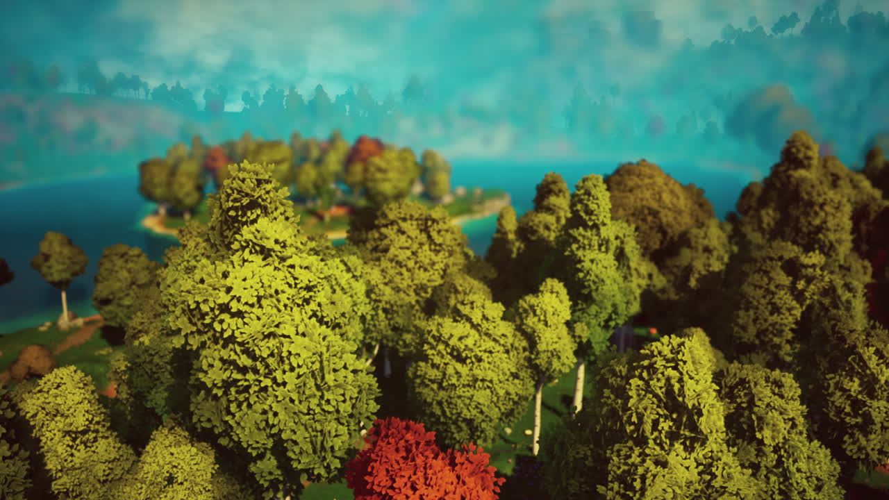 мультфильм зеленый лесный пейзаж с деревьями и озером