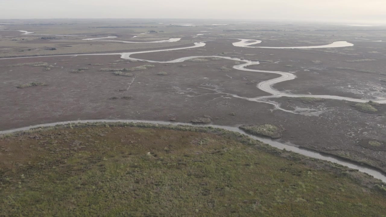 Un drone vola in avanti attraverso una vasta zona paludosa con pozze poco profonde sparse, rivelando il paesaggio aperto della zona umida e gli habitat naturali di Campos del Tuyú, Argentina
