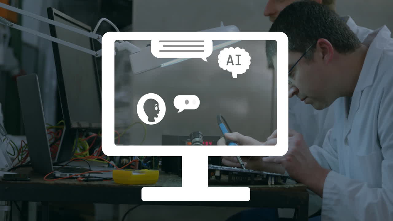 Animation of ai chatbot icons on computer screen over diverse engineers