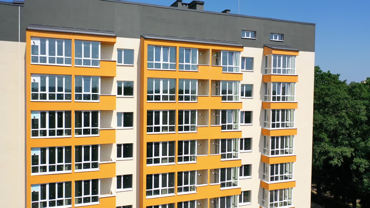 Street of residential area. Drone view of contemporary apartment buildings