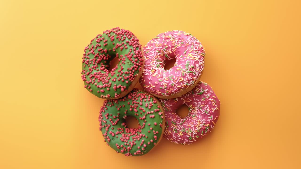 composición de vista superior con una porción de rosquillas dulces multicolores girando aisladas en amarillo