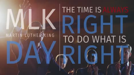 animation of martin luther king day text over african american male speaker with colleagues