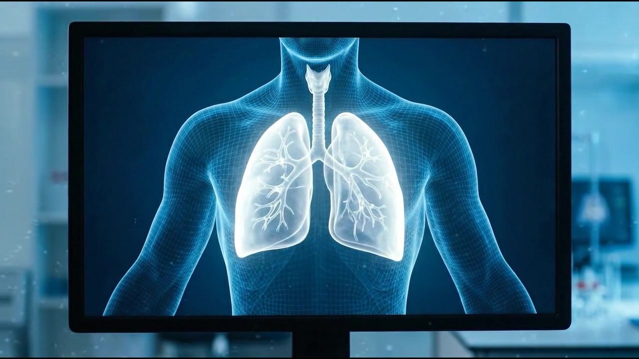 Scansione 3D del torace umano che mostra polmoni respiratori blu luminosi