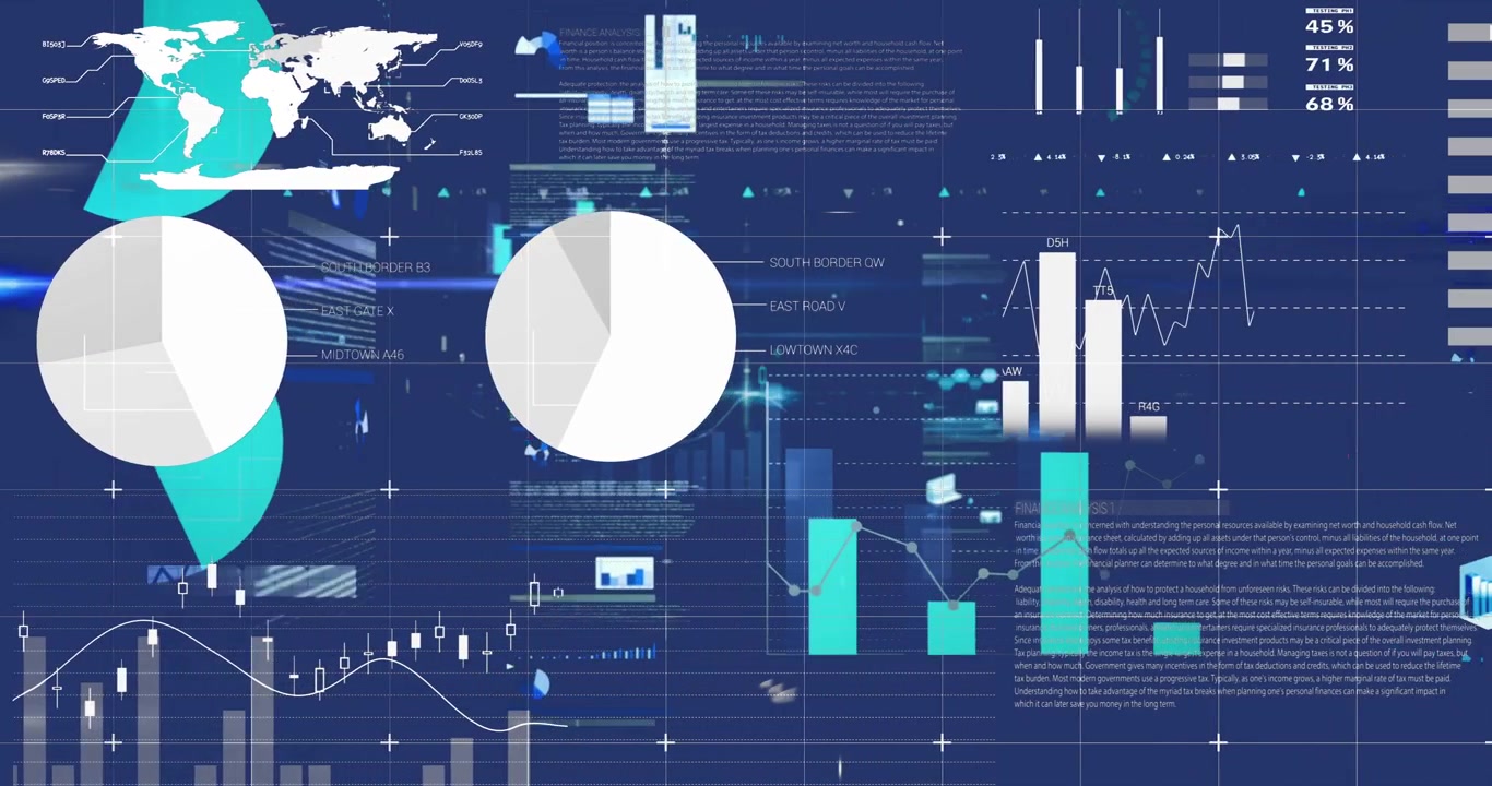 Animation of graphs and data over navy background