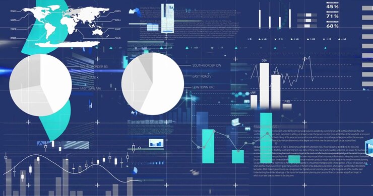 Animation of graphs and data over navy background
