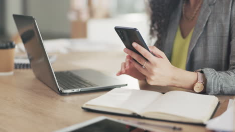 Woman,-hands-and-phone-on-laptop-in-business