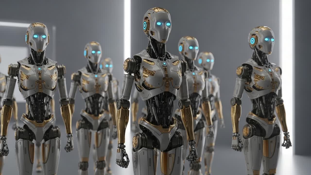 A group of advanced humanoid robots with glowing blue eyes is lined up in a futuristic setting, showcasing the blend of technology and design in robotic aesthetics