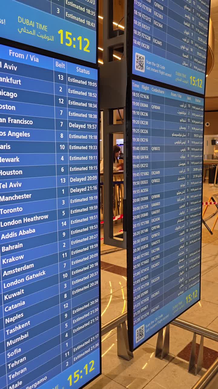 Flight information schedule screens installed at Dubai International Airport, Terminal 3, UAE.