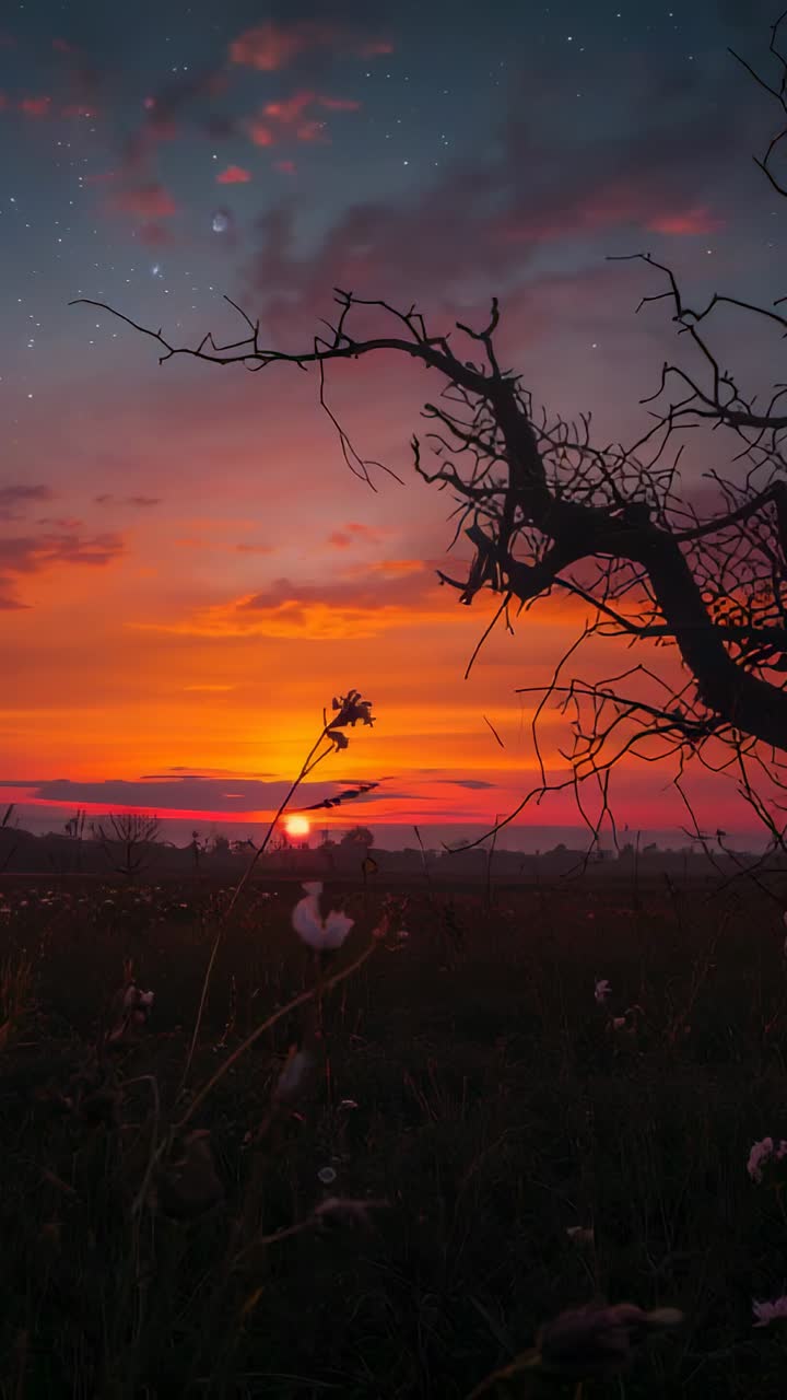 Vertical video: Branch and flower silhouetting against sky over field while sun sinking, copy space