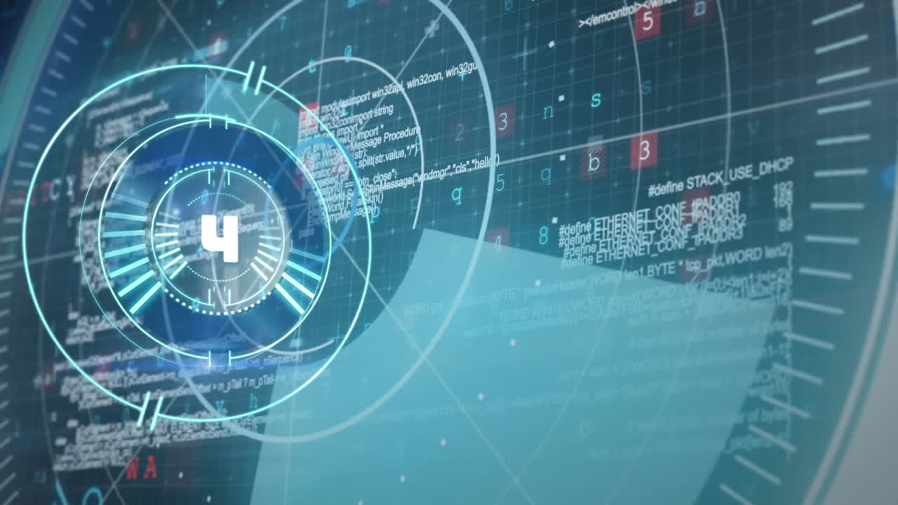 animación de la cuenta atrás sobre el escáner redondo y el procesamiento de datos de ciberseguridad contra un fondo azul