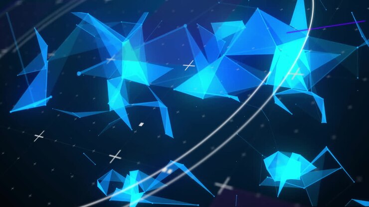 Rendering 3D di triangoli blu luminosi che fluttuano nello spazio digitale con linee, scie luminose, scia viola