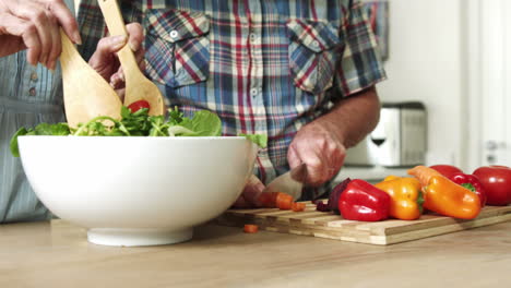 preparation of a green salad in a salad bowl