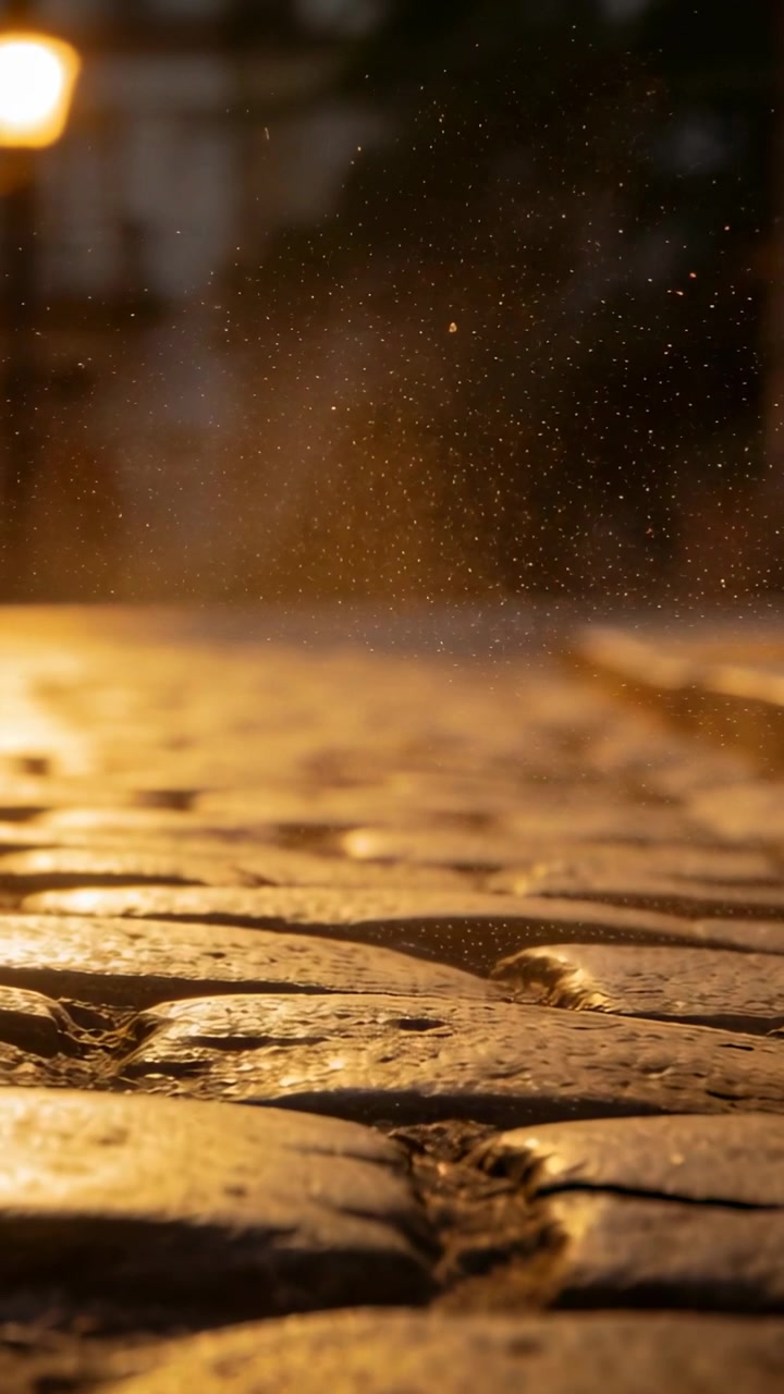 Vertical video: Glowing streetlamp revealing wet cobbles gleaming at night, with drifting particles