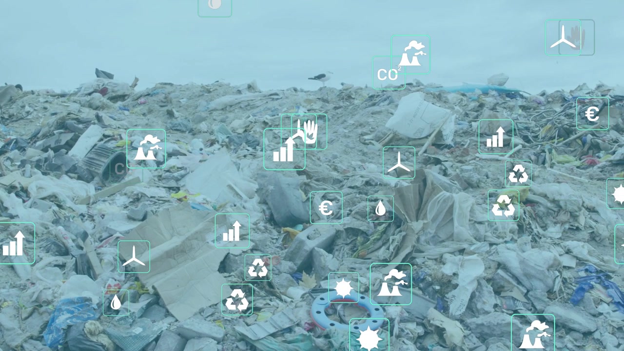 Cumulo di discarica che riceve una sovrapposizione di dati dopo una scansione con sensori, con icone che evidenziano il valore del carbonio e del riciclo.