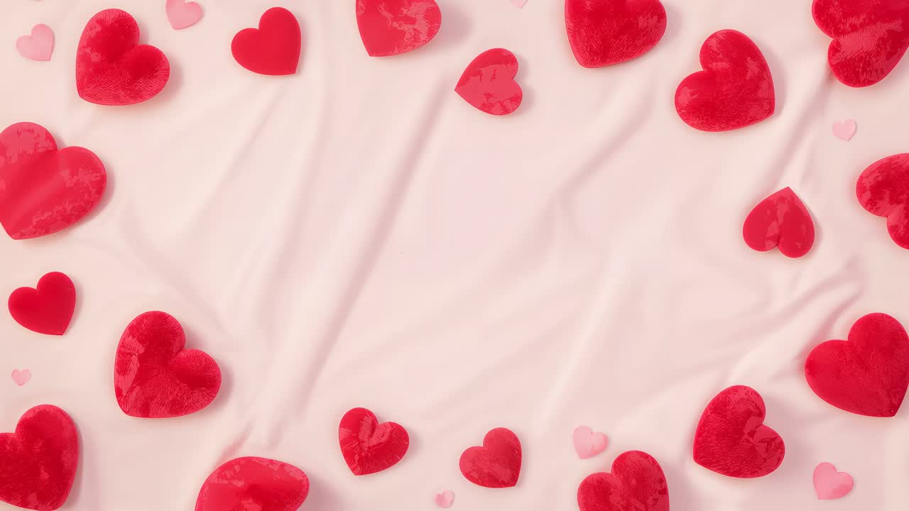 Pieghe diagonali in movimento che partono in alto a sinistra e attraversano uno sfondo rosa, spostando cuori rossi e coriandoli