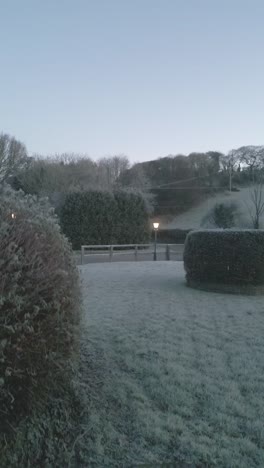 vertical video winter frost at early morning, drone liftoff ireland