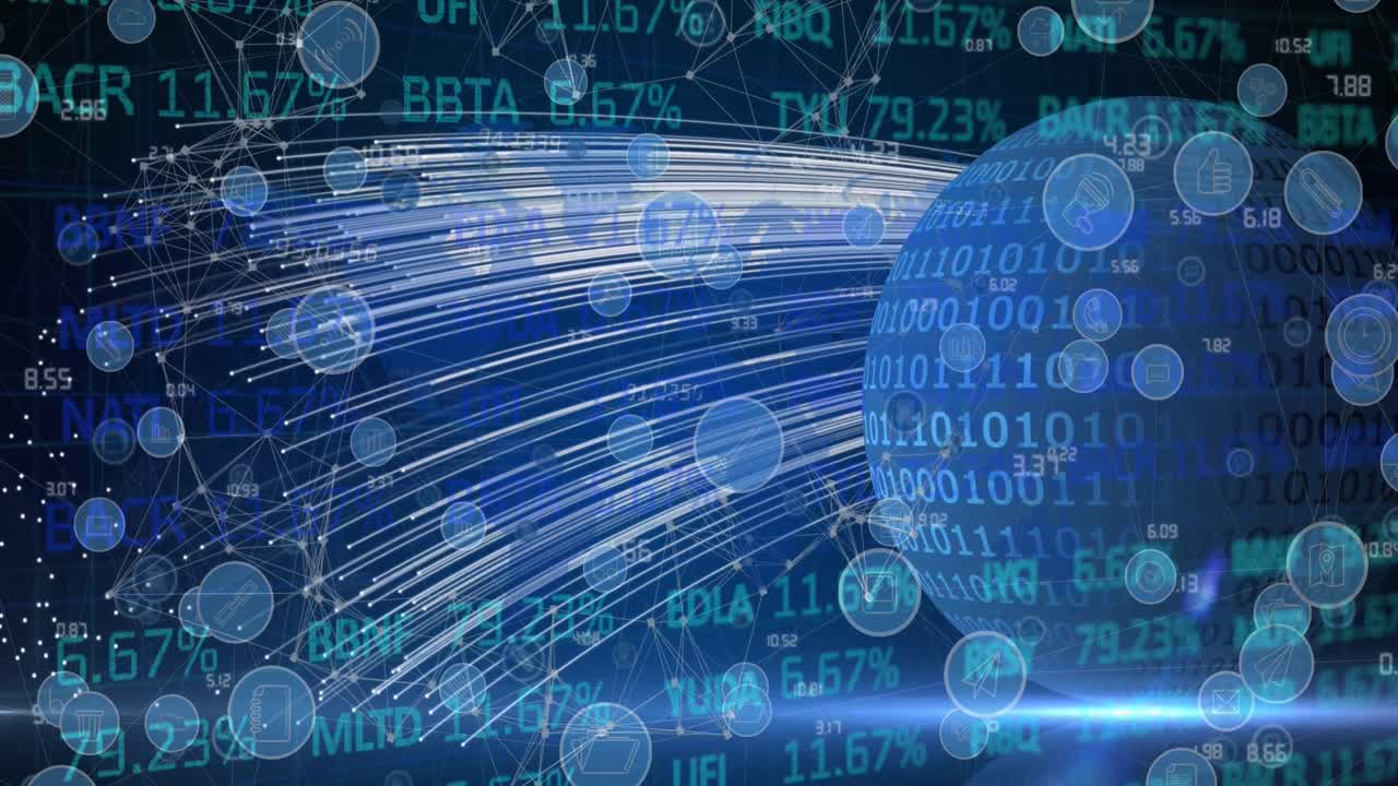Animation of financial data processing and social media icons over globe