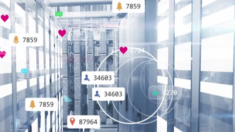 Social-Media-Symbole-Und-Benachrichtigungen-Mit-Datenverarbeitung-über-Computerserverraum