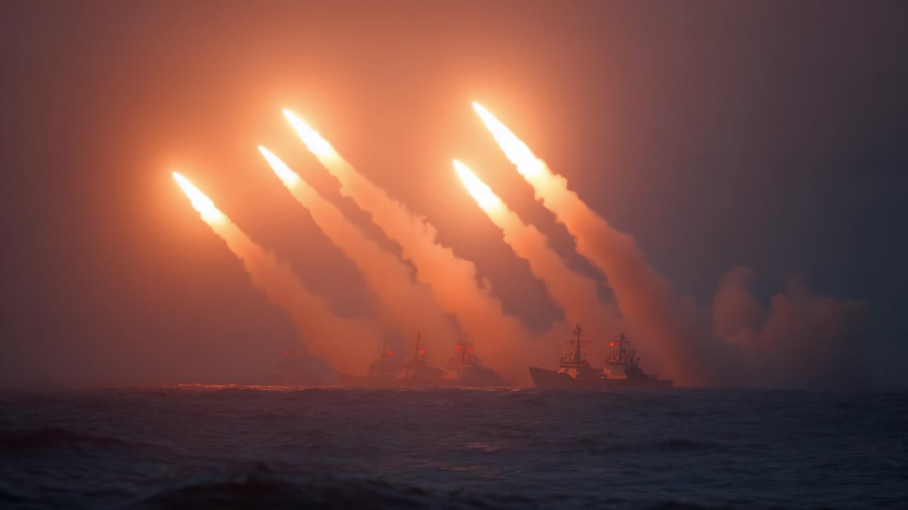 Una drammatica dimostrazione di potenza militare: Multipli missili lanciati da navi da guerra sullo sfondo di un oceano nebbioso, che illuminano il cielo notturno.