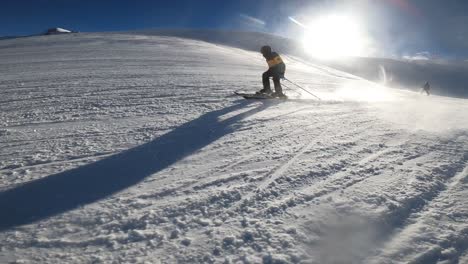 skiers speeding down the slope in slow motion